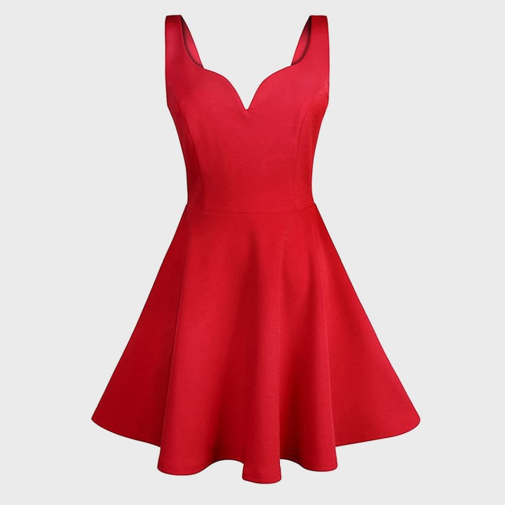 Red Sleeveless Sweetheart Flared Dress by Missufe